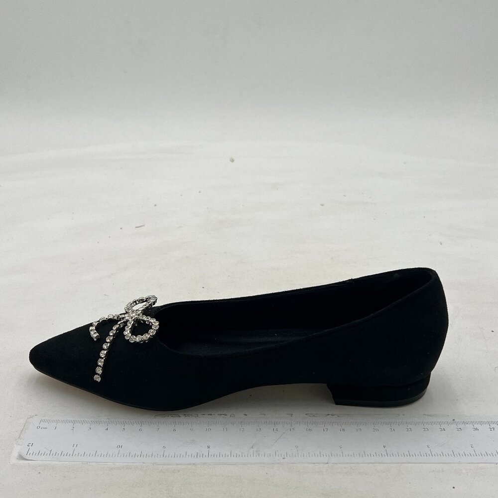 FSJ Black Closed Toe Block Rhinestone Bow Slip On Chunky Low Heel Dress Pumps